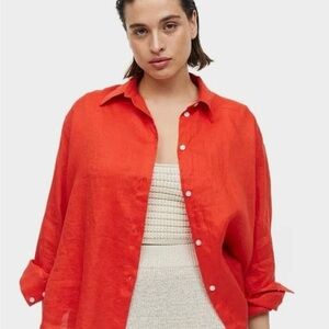 Red Oversized 3/4 Sleeve Button Down Shirt with Notched Collar